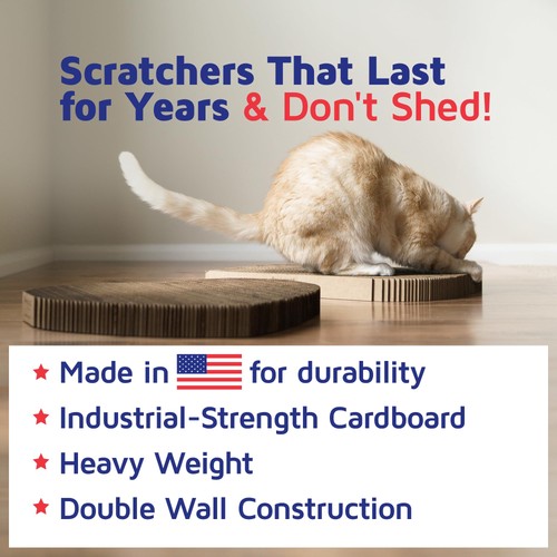 Brown cardboard cat scratcher with textured surface, 17 x 10 x 1.5 inches, made in USA by Americat.
