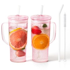 Glass Cups with Lids and Straws,24oz Glass Tumbler with Handle Iced Coffee Cu...