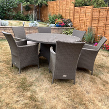 Hartman Grey Rattan Dining Set Round Table 6 Chairs Cushions Umbrella Hole