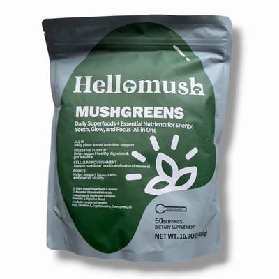 Hellomush Mushgreens Superfood Mushroom Greens Powder 60 Serving EXP 11/2027 NEW