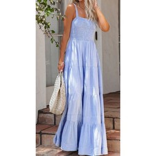 Commense Blue White Striped Smocked Maxi Dress Small Square Neck Summer