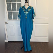 Gorgeous Teal Caftan Kaftan Long Dress w/ Gold  Black Embroidered Details OS F