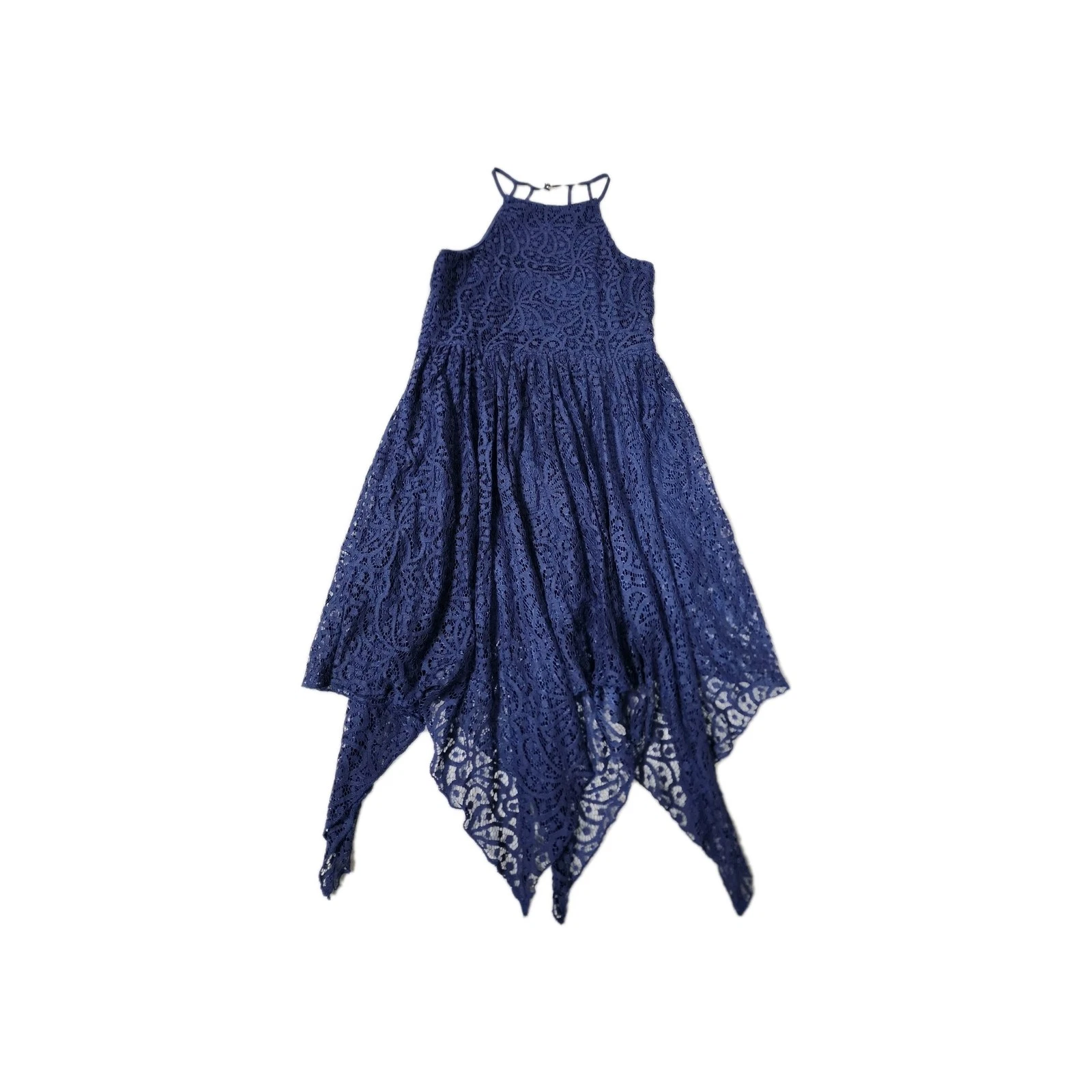 GB GIRLS Hankerchief Hem Dress Sz 12 Navy Blue Lace Lined Dance Party