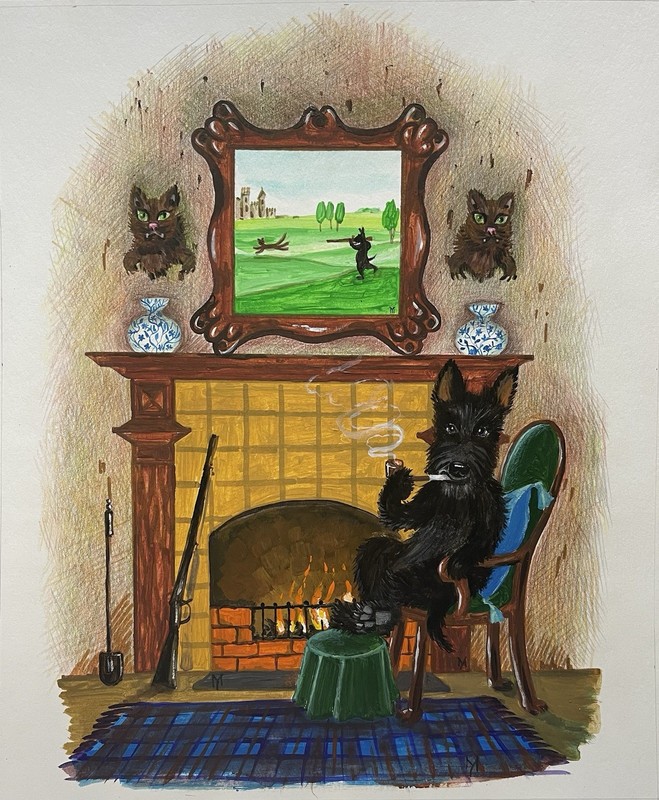 Original PAINTING SCOTTISH TERRIER RYTA dog art Scotland Kilt Hunter Cat Ruffle