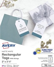 96 Tags Avery Matte White Rectangular Tags w/ Strings 2" x 3-1/2" for Inkjet