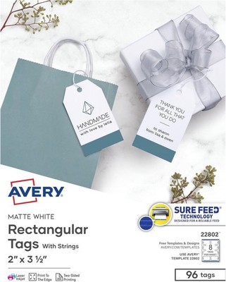 Avery Printable Tags Strings Matte White 2x3.5 Inkjet Hang Label 96 Pack 22802