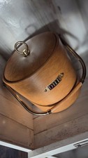 Brown Wood Grain Leather Ice Bucket Round Medium Brown Wood Handle Lid Metal