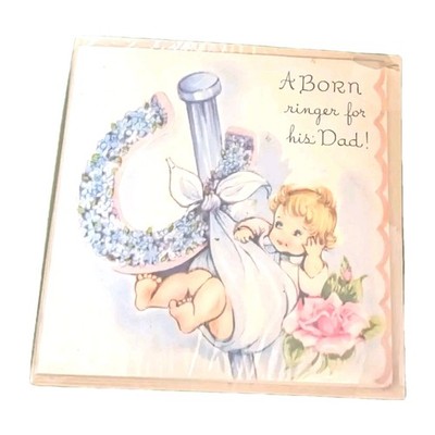 1950s Birth Announce Boy Pkg 12 Cards And Envelopes NOS, ''Born Ringer'' Sterling