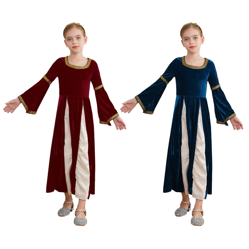 Kids Girls Costume Wrinkleless Gown Maxi Dress Patchwork Robe Medieval Uniform - Image 2 of 3