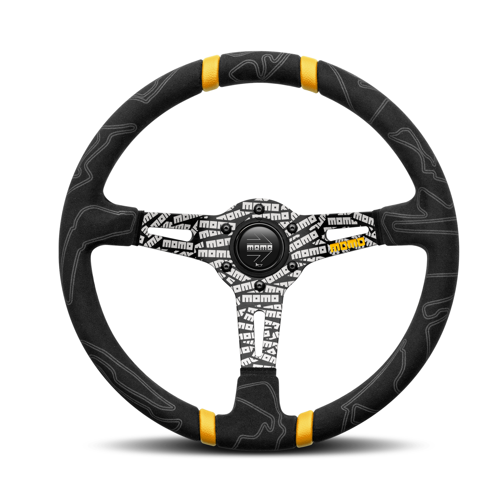 MOMO Ultra Black Alcantara Steering Wheel with Yellow Insert 350mm
