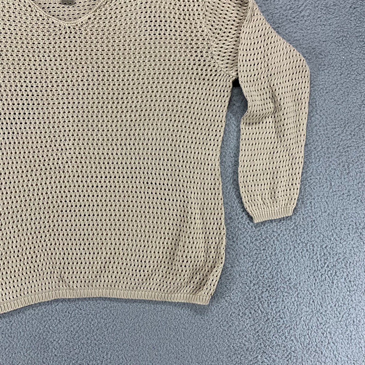 New York & Company Sweater Womens XL Beige Crochet Pullover Open