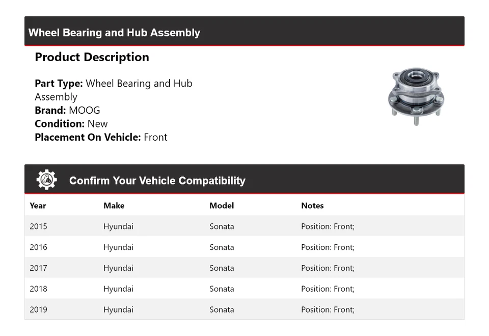 Para 2015-2019 Hyundai Sonata rolamento de roda e conjunto de cubo dianteiro MOOG 2015 2016 - Imagem 2 de 4