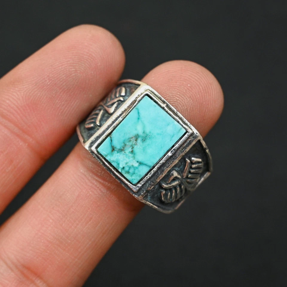 Anillo Turquesa Para Hombre Plata de Ley 925 Hecho a Mano-Anillo de Declaración Todas las Tallas-BJ39 Foto 2 de 3