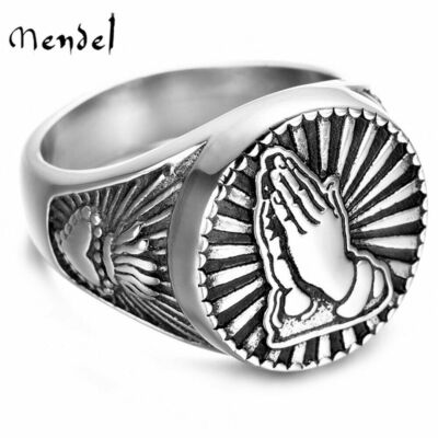 MENDEL Mens Catholic Sacred Heart Jesus Protection Praying Hands Ring For  Men