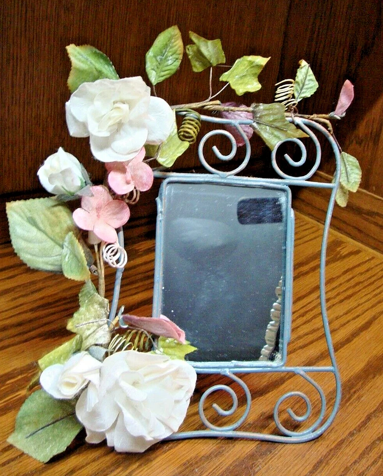 Vtg Rustic Distressed Scrolled Metal Frame w/3.5"x 5" Mirror+ Flower~Leaves D24 - Image 2 of 4