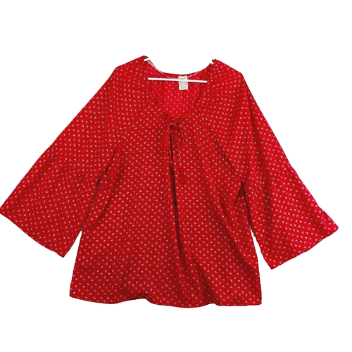 4th of July Women Top Size 3X 22-24W Red Sparkly Flowers Balloon Sleeves NWT