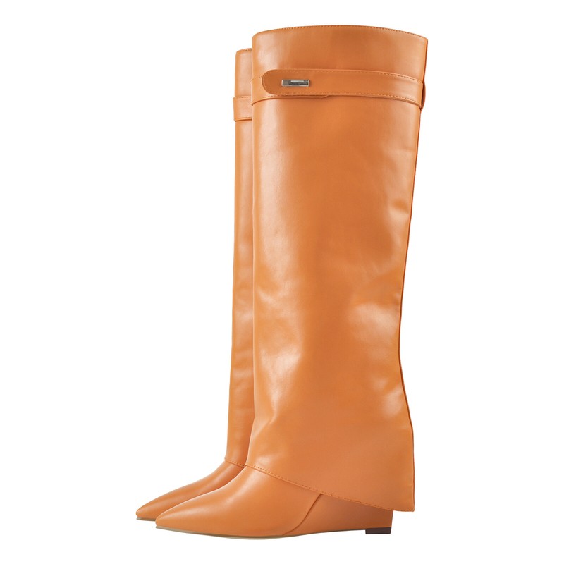 Women's Fashion Pull On Knee High Boots Pointed Toe Wedge Heel Boots Shoes US11