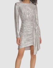 Vince Camuto Women's Silver Jewel-Neck Ruched-Skirt Sheath Dress Size 4