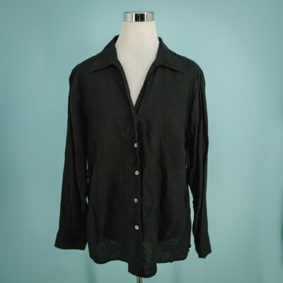 Talbots Plus Size 18W Black Irish Linen Boxy Boyfriend Button Long Sleeve Top