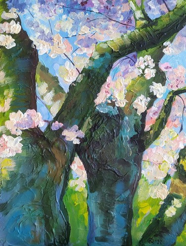 Acrylic painting on panel original art with spring blossom cherry trees ...