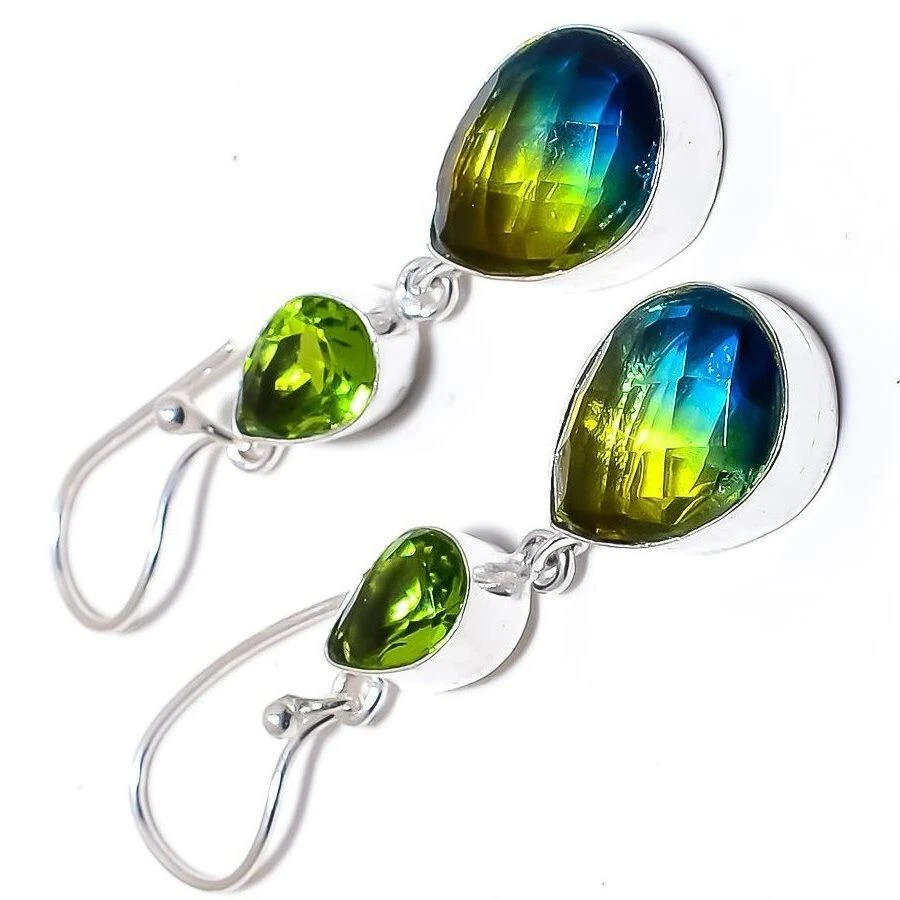 Bi-Color Tourmaline Gemstone 925 Sterling Silver Handmade Jewelry Earrings 1.90" - Image 3 of 4