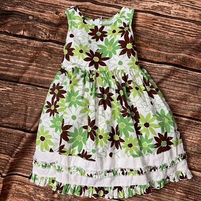 Polly & Friends Green Brown White Daisy Floral Dress Ruffled Size Toddler 5  | eBay