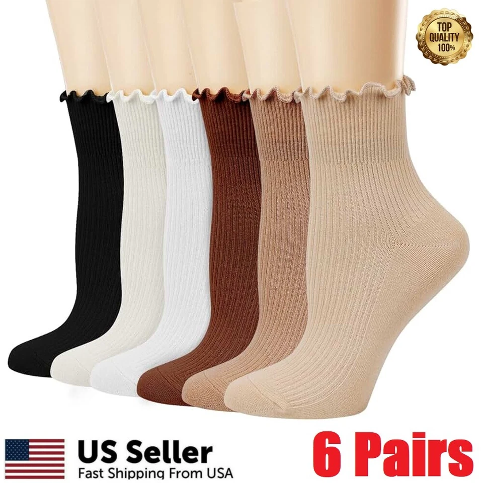 6Pair Women's Ruffle Socks Casual Breathable Knit Cotton Soft Frilly Crew Socks - Image 2 of 4