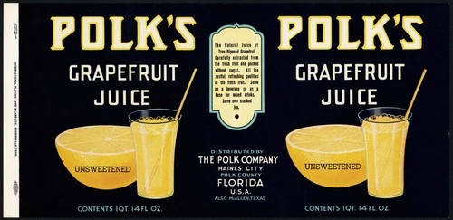 Vintage label POLKS Grapefruit Juice #5 Haines City Florida McAllen Texas unused