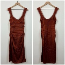 NEW! ASTR The Label Rust Copper Satin Lace Detail Ruched Underwire Midi Dress, M