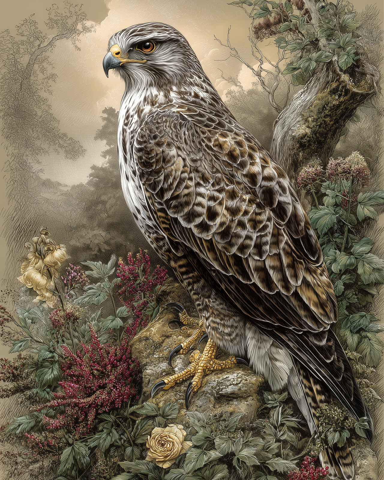 8x10 Hawk Perched on Branch Wildlife Art Print - 889681715 | eBay