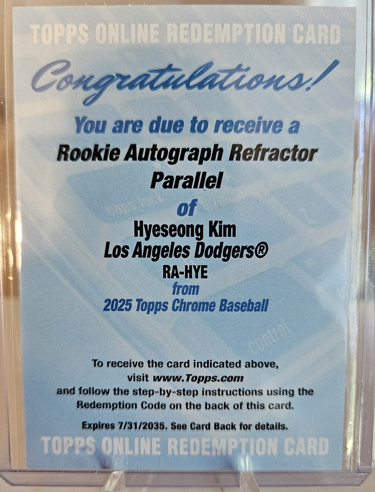 2025 Topps Chrome Rookie Autograph Refractor RC Hyeseong Kim /499 Redemption