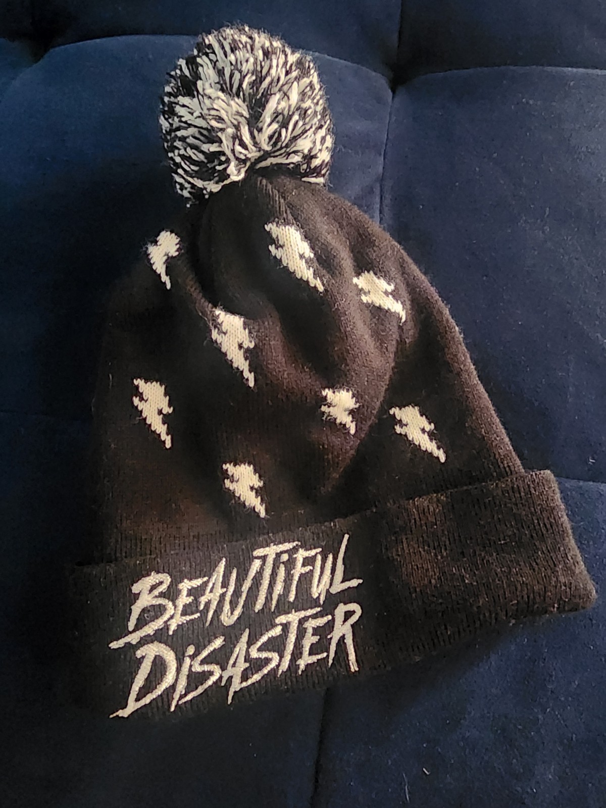 Beautiful Disaster Black White Knit Beanie Pom-Pom Lightning Embroidered image 3