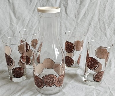 Vintage Nabisco Oreo Cookies Glass Milk Jug 4 Glasses One Quart Carafe, Set