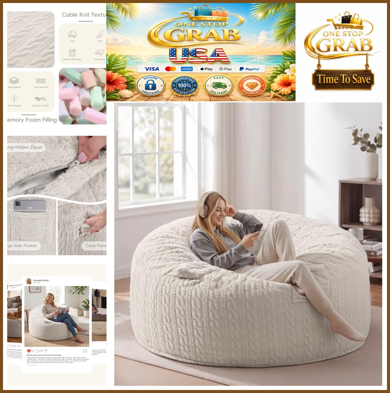 5FT Giant Bean Bag Chair Adult Oversized Memory Foam Braided Fabric Oatmeal