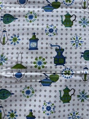 Vintage Novelty Kitchen Fabric MCM Stove Teapot Lantern Folk Blue Green  43x35