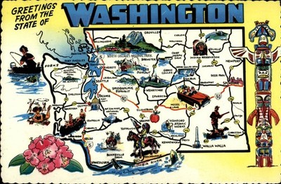 Washington state map Indian totem pole hunting fishing flower unused postcard