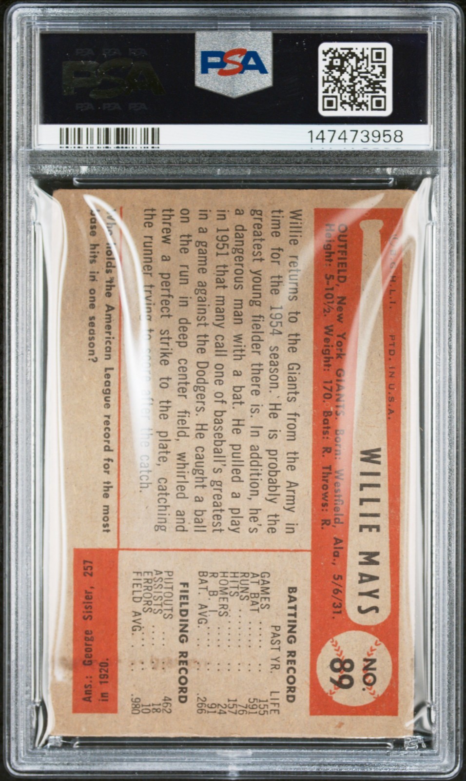 Willie Mays 1954 Bowman #89 PSA 1.5 FR - GIANTS view 2