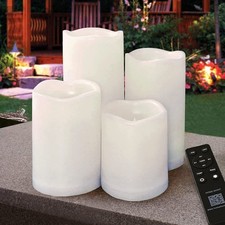 Set of 4 White Outdoor LED Pillar Candles 3x4 3x5 3x6 3x7 with Timer and Remo...