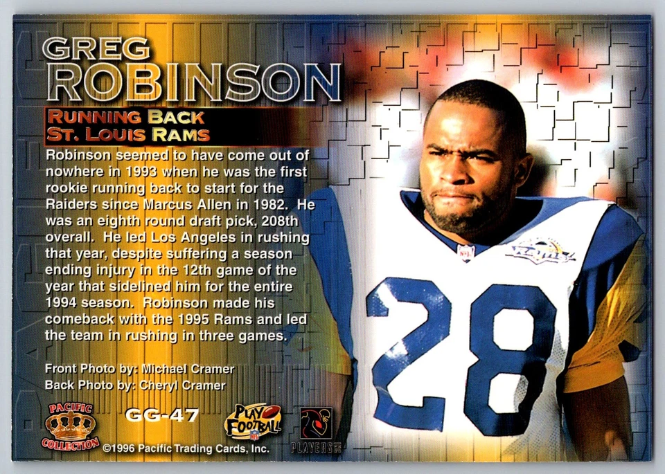 1996 Pacific Gridiron #GG-47 Greg Robinson Gems JUMBO 3.5X5 - Image 2 of 2
