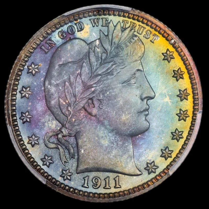 1911 Proof Barber Quarter PCGS PR68 Top Pop 6/0 Monster Rainbow Toned PQ+++