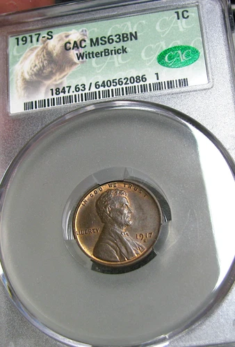 1917-S Lincoln Cent Wheat Penny CAC MS-63 Graded Witterbrick ---- #702C
