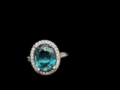 Cobalt and white Crystal Halo Ring Sterling Silver Size 7
