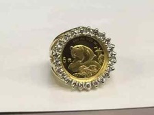 CHINESE PANDA BEAR COIN Woman's Ring 1Ct Round Moissanite 14K Yellow Gold Plated