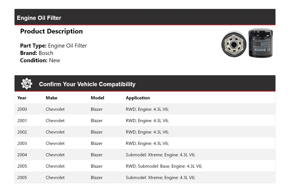 Filtro de aceite de motor Bosch V6 4,3 L para Chevrolet Blazer 2000-2005 2001 2002 2003 Foto 2 de 3