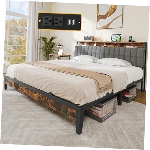 Queen Size Bed Frame, Storage Headboard Bed with Charging Station,