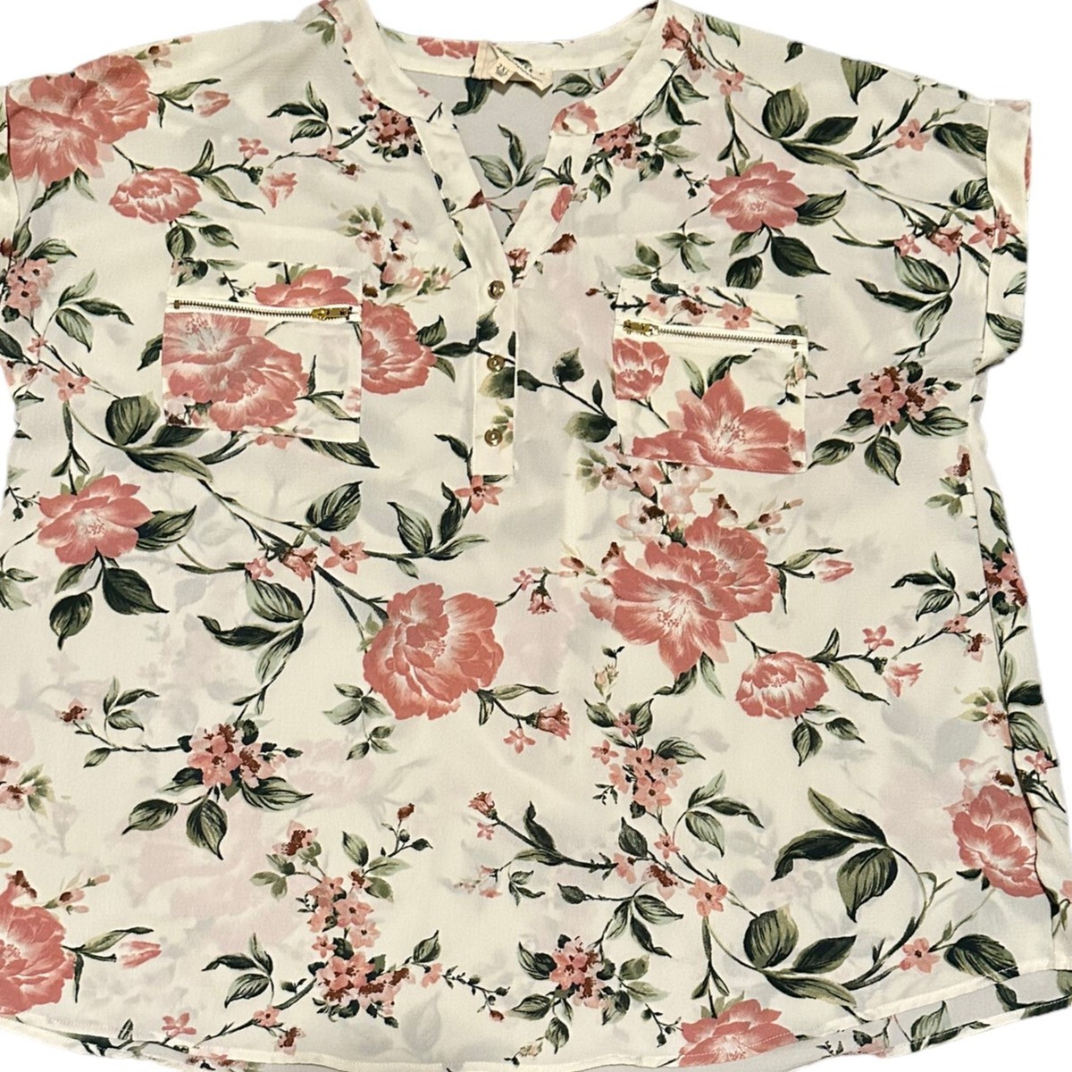 Flower & Feather Top Women Plus Size 2XL White Floral Short