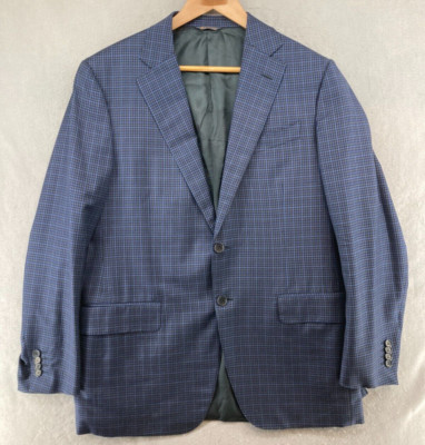 E Thomas Mens Suit Jacket 42 Blue Plaid Trussini Shaias ITALY MADE