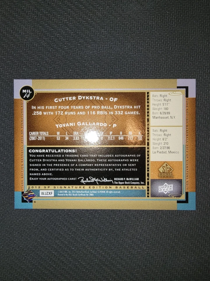2012 SP Signature Edition - Dual Signatures Yovani Gallardo, Cutter Dykstra - Image 2 of 2