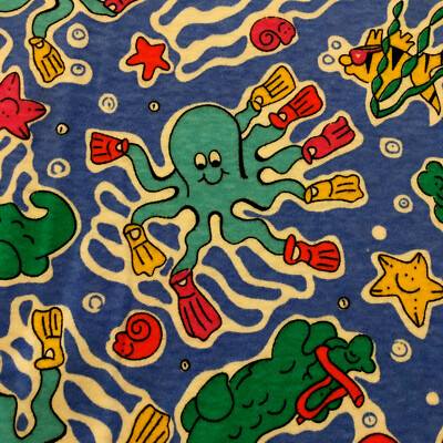 Blue Sea life Jersey Knit Fabric 1 Yard Octapus, alligator, star fish, fish
