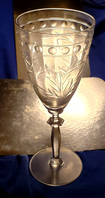Vtg ETCHED WINE GLASS Water Goblet OLD FLUTED CRYSTAL Hex Stem LEAF DOT Hexagon